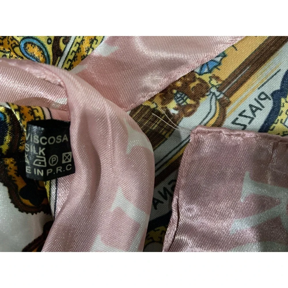 Vintage Rome Italy Souvenir Silk Blend Square Scarf Pink Gold Il Colosseo 20x20